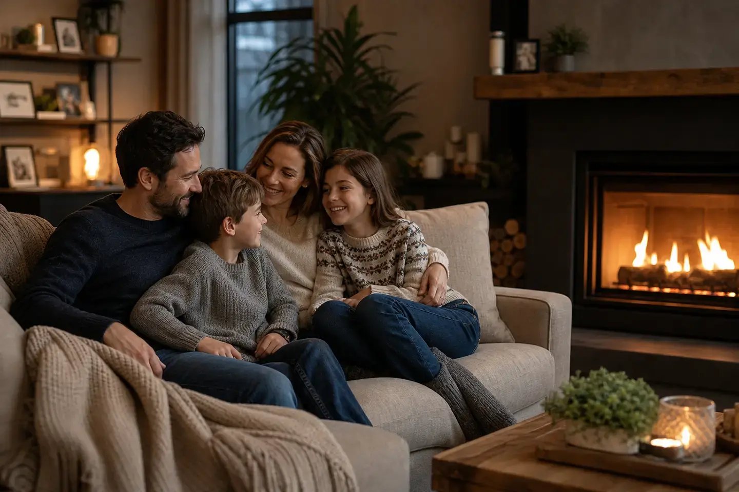 Family relaxing together in a cosy living room beside a fireplace