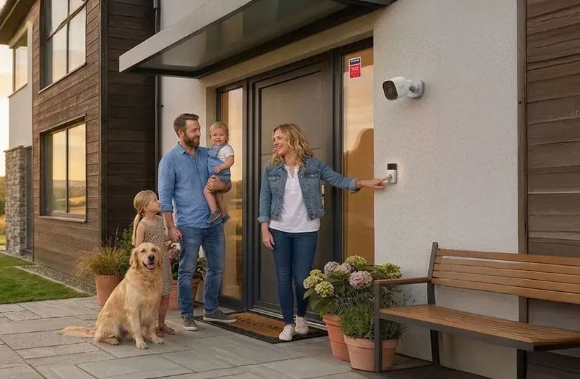 Family arriving home outside a modern house with outdoor security camera and smart doorbell system