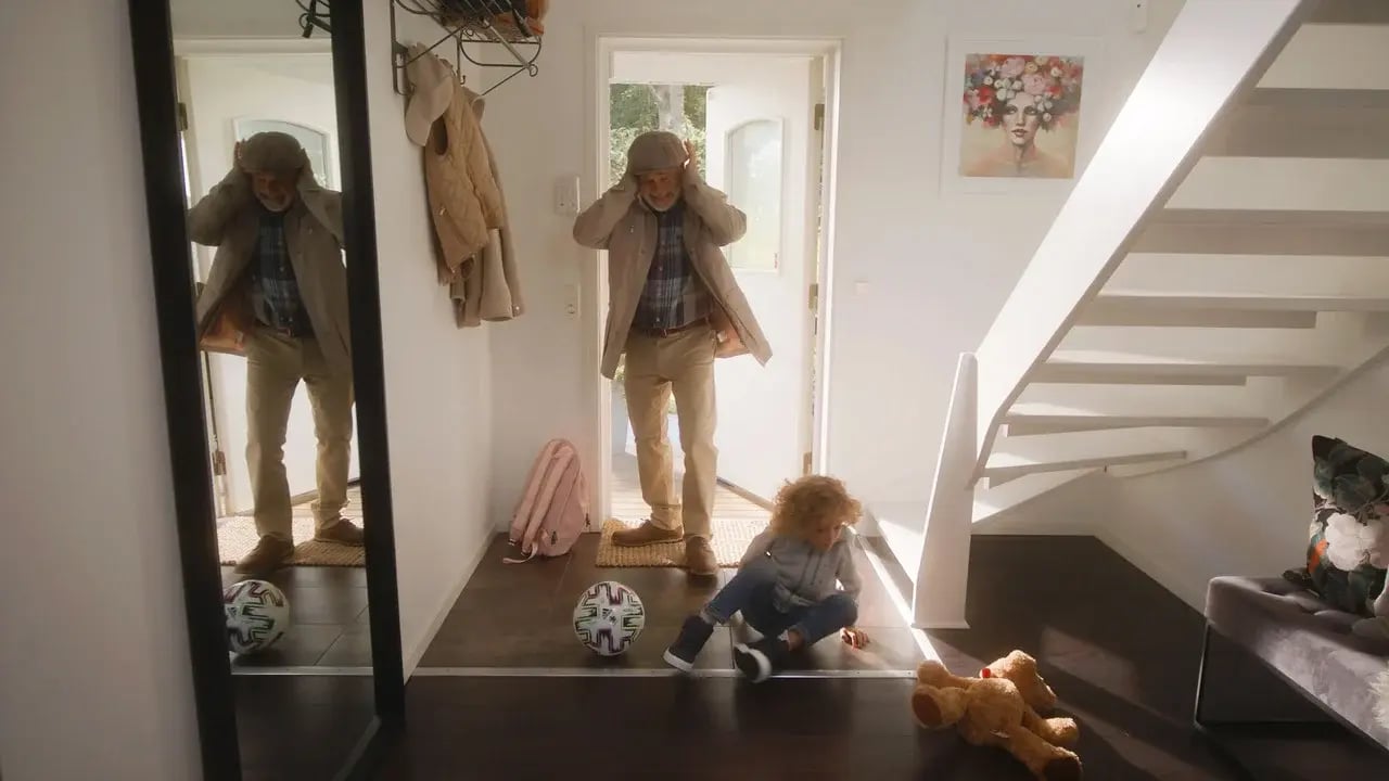 Grandpa and kid sets of the alarm hallway