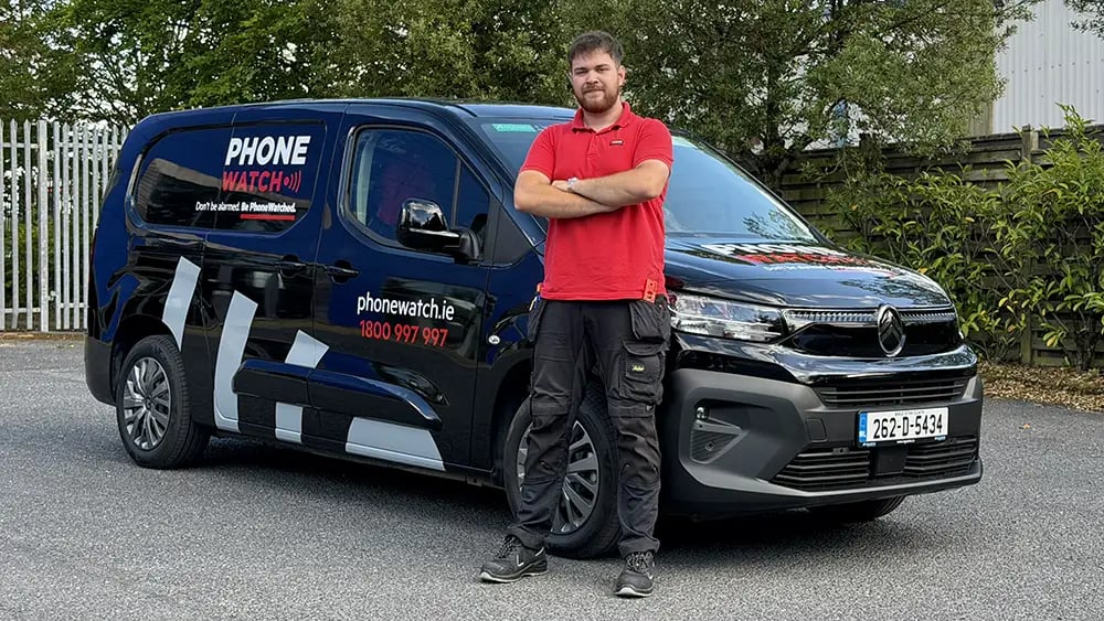 PhoneWatch technician arriving at an Irish home for a professional alarm installation”