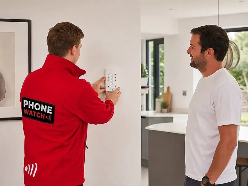  PhoneWatch technician installing alarm system in new-build estate home in Ireland