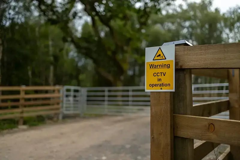 Farm gate entrance warning that CCTV is operation as it’s crucial for farm security systems and deterring theft