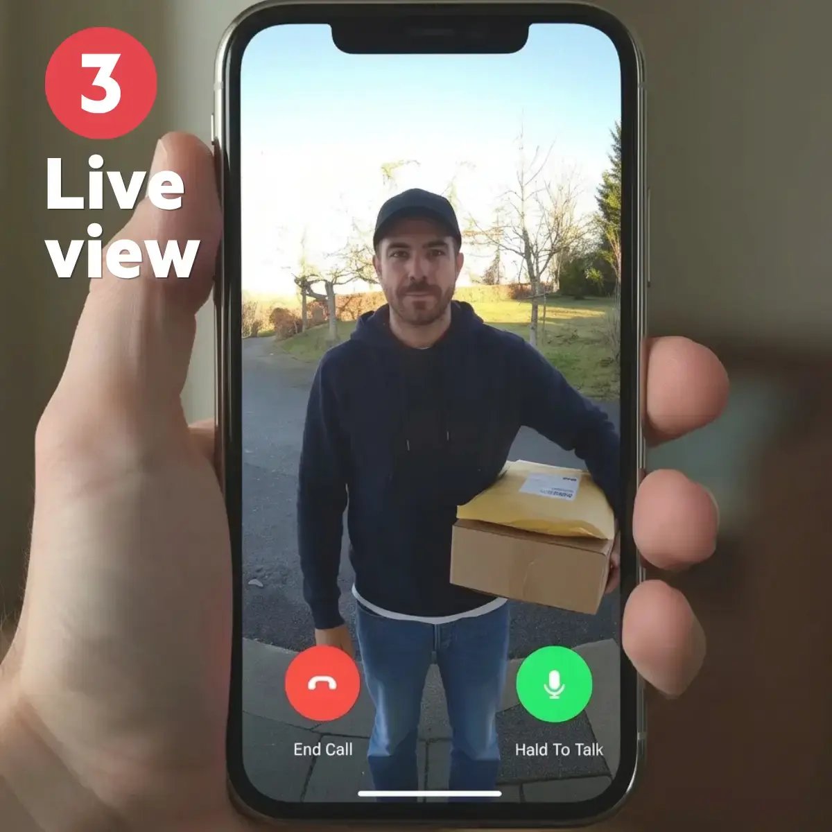 Smart video doorbell live view allows real‑time communication with a visitor