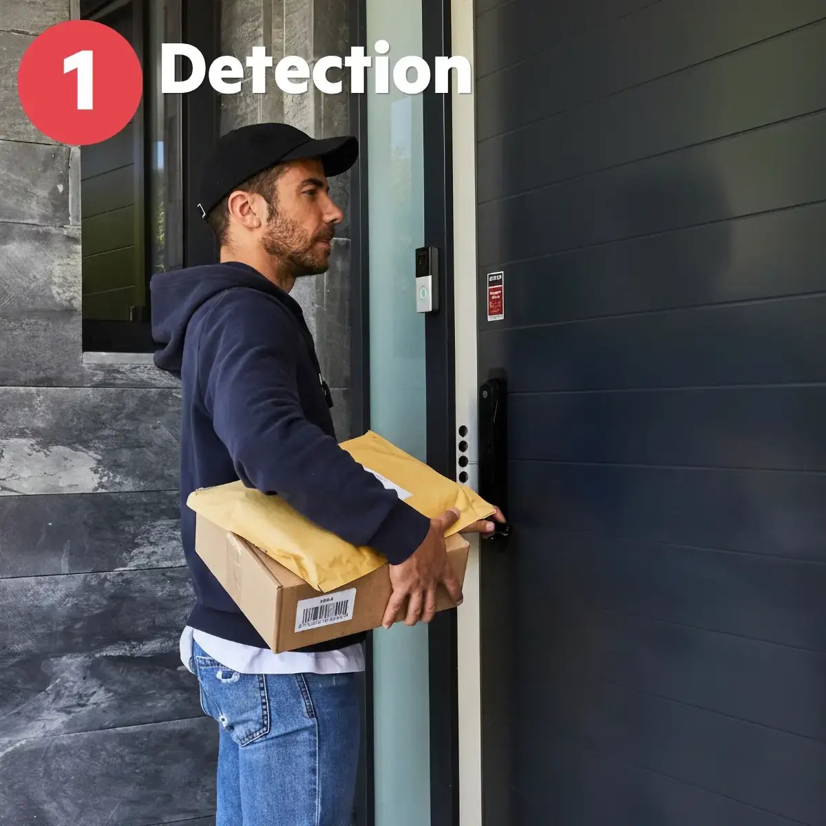 Smart video doorbell detects a visitor holding a parcel at a front door