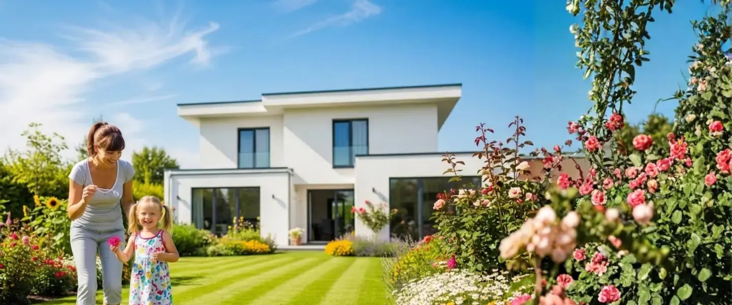 Modern detached home with landscaped garden, adult and child walking on lawn in sunny backyard setting