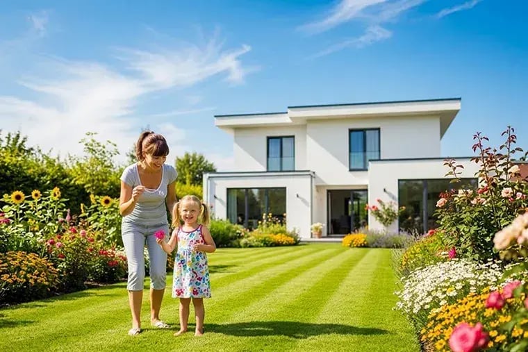 Modern detached home with landscaped garden, adult and child walking on lawn in sunny backyard setting