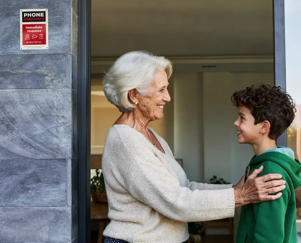 woman and boy outside home rz1