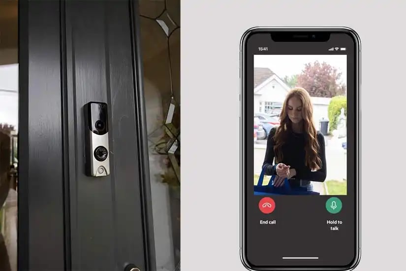 PhoneWatch app showing a live video doorbell call, letting you check your home when your alarm goes off while you are abroad