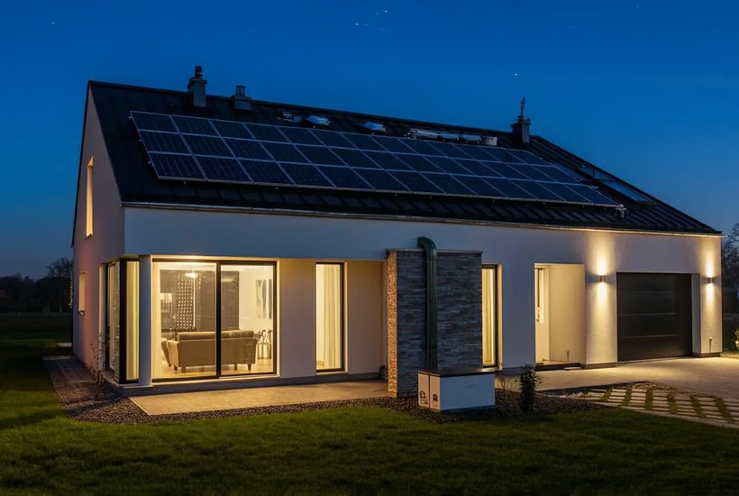 Modern Irish home with rooftop solar panels illuminated at night