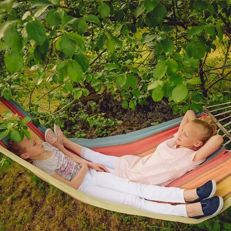 two children relaxing safely in a hammock two children relaxing safely in a hammock