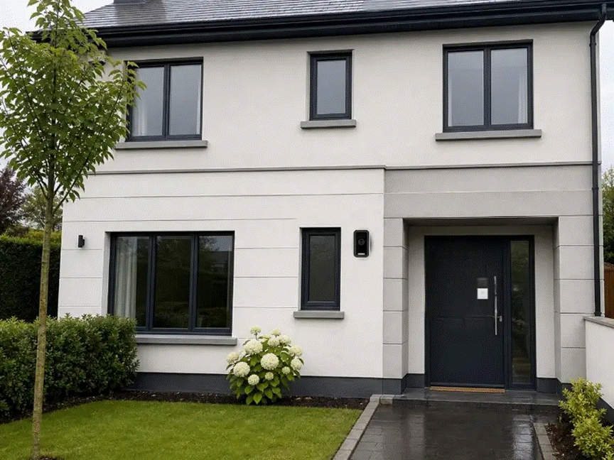 Modern detached home with a visible outdoor security camera beside the front door