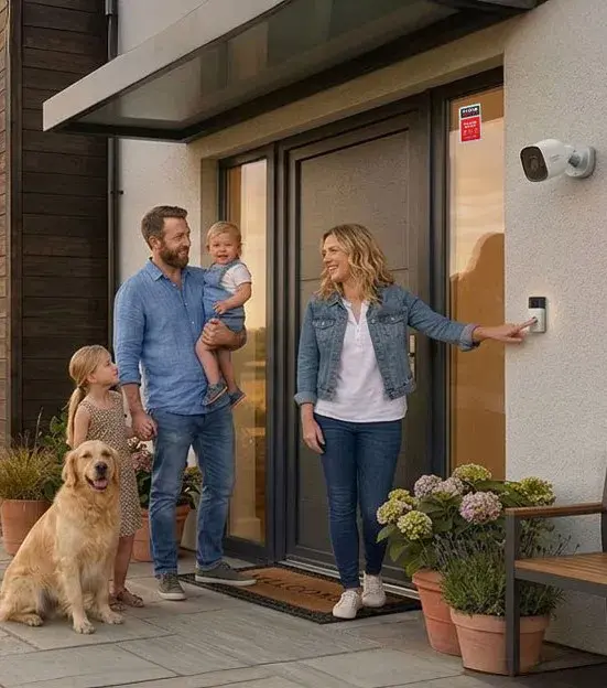 Home security cameras monitoring a front entrance of a modern house.