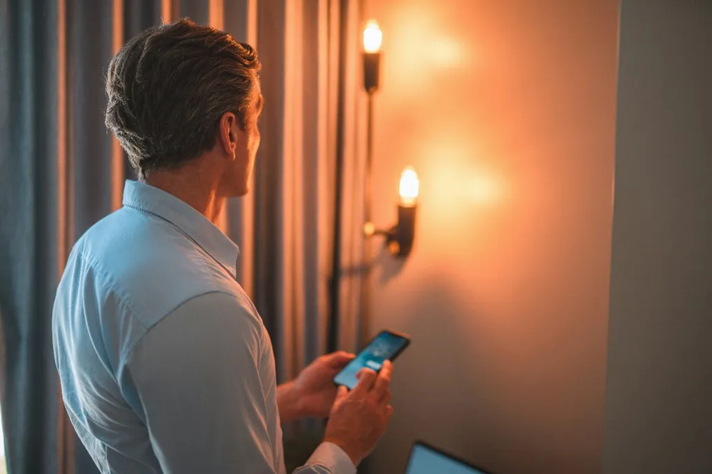 man using phone to control lights in his smart home