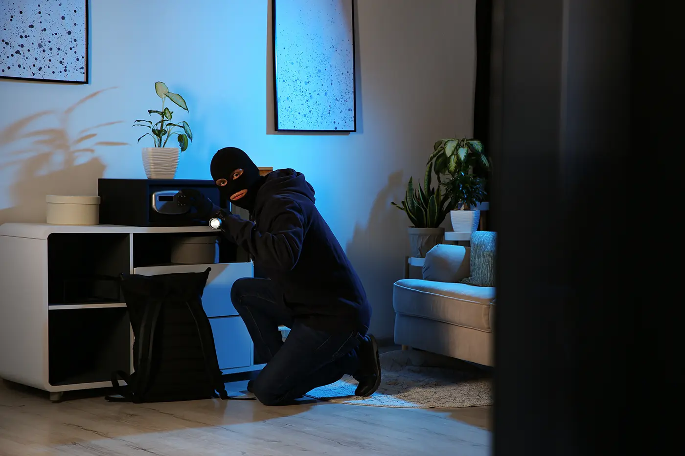 masked burglar inside home