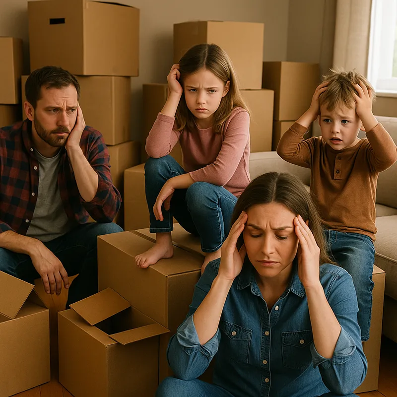 family surrounded by boxes stressed about moving home
