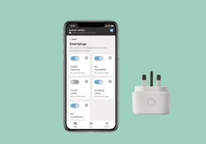 smart home app and smart home plug on mint green background