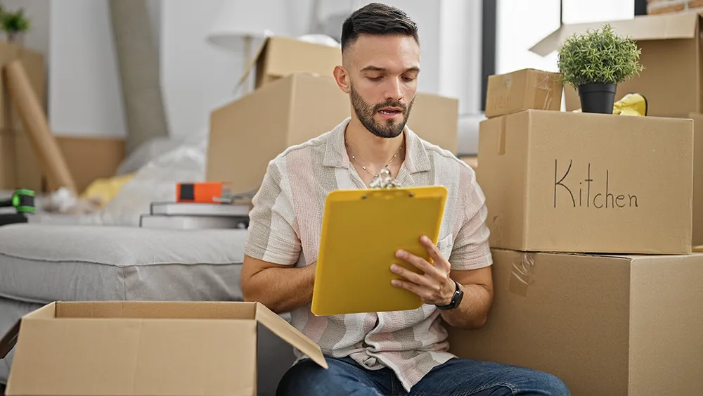 man looking at clipboard while moving house